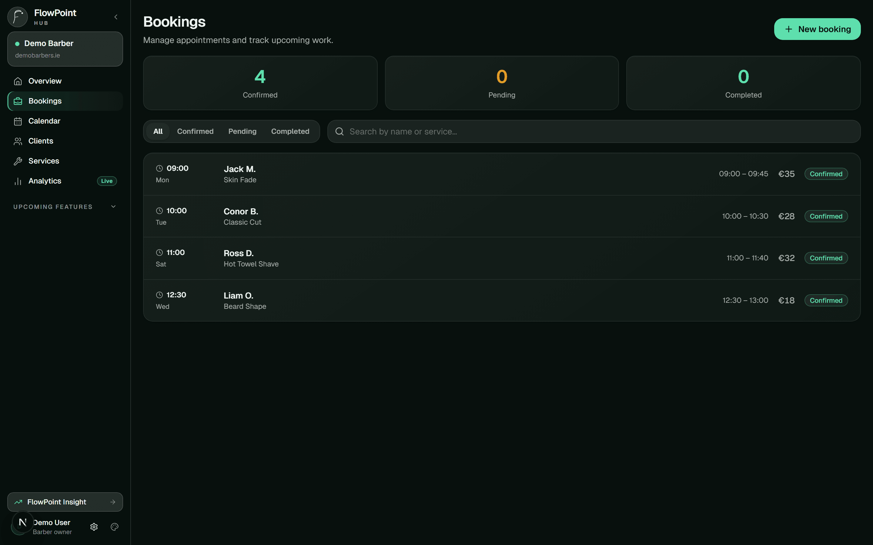 FlowPoint Hub booking management view